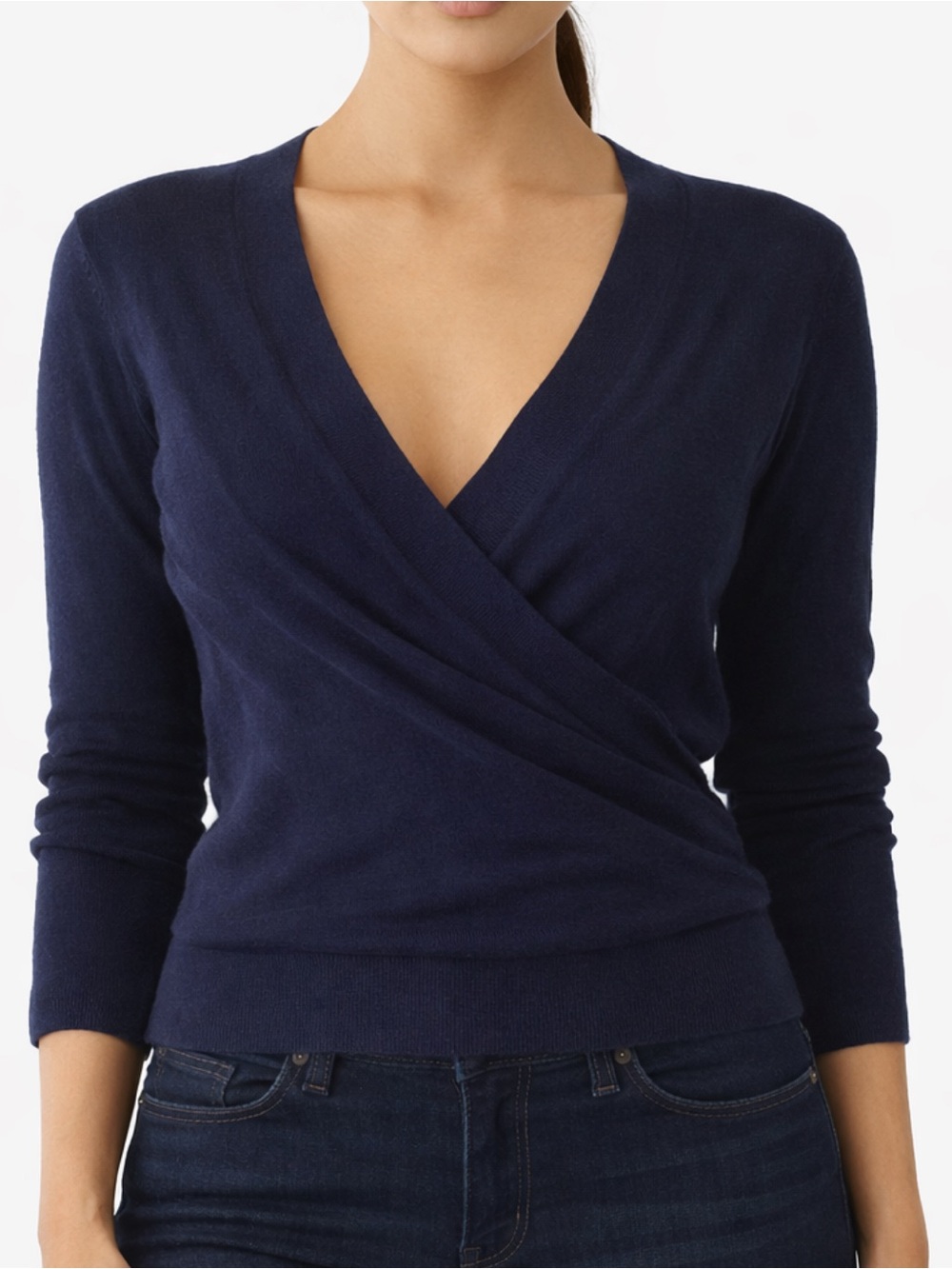100% Merino Wool J.Crew Wrap Sweater Navy XS soft knit cozy timeless minimalist